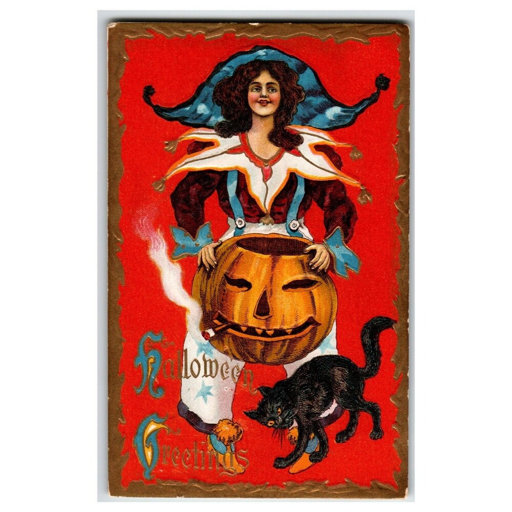 Vintage Halloween Jester Woman Smoking Jack-O-Lantern Black Cat Postcard Lions